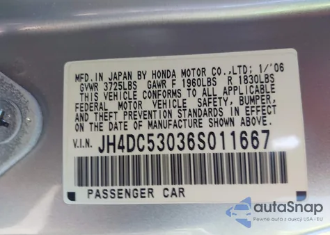 2006 Acura Rsx Type S из США, поврежденный, VIN JH4DC53036S011667